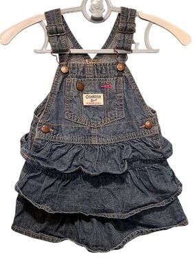 3/$15 OshKosh B'gosh Dark Denim Ruffle Overall Dress with Pink Accent